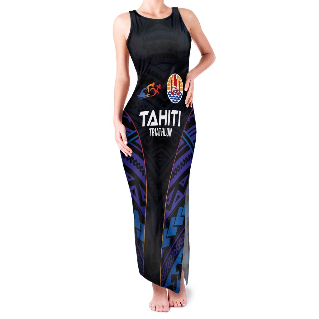 Personalised Tahiti Triathlon Polynesian Pattern Family Matching Tank Maxi Dress and Hawaiian Shirt LT03 Mom's Dress Black - Polynesian Pride