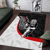 Personalised Aotearoa Lawn Bowls Area Rug Maori Warrior and Silver Fern Sporty Style LT03 Black - Polynesian Pride