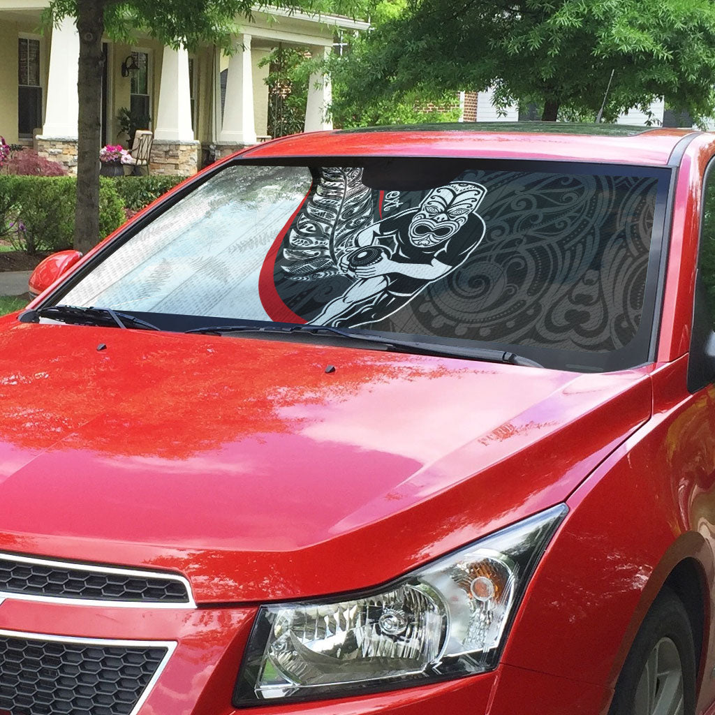 Personalised Aotearoa Lawn Bowls Auto Sun Shade Maori Warrior and Silver Fern Sporty Style LT03 - Polynesian Pride