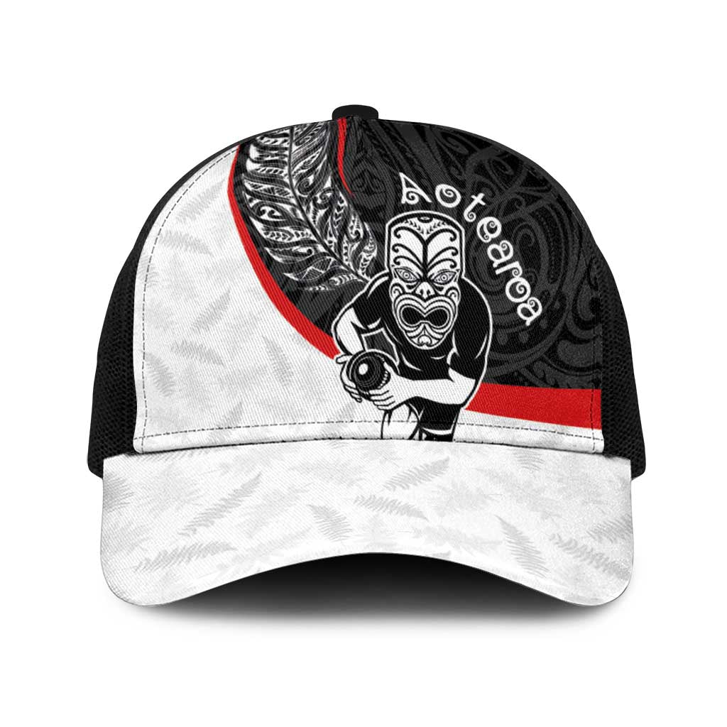 Aotearoa Lawn Bowls Baseball Net Cap Maori Warrior and Silver Fern Sporty Style LT03 One Size Black Black - Polynesian Pride
