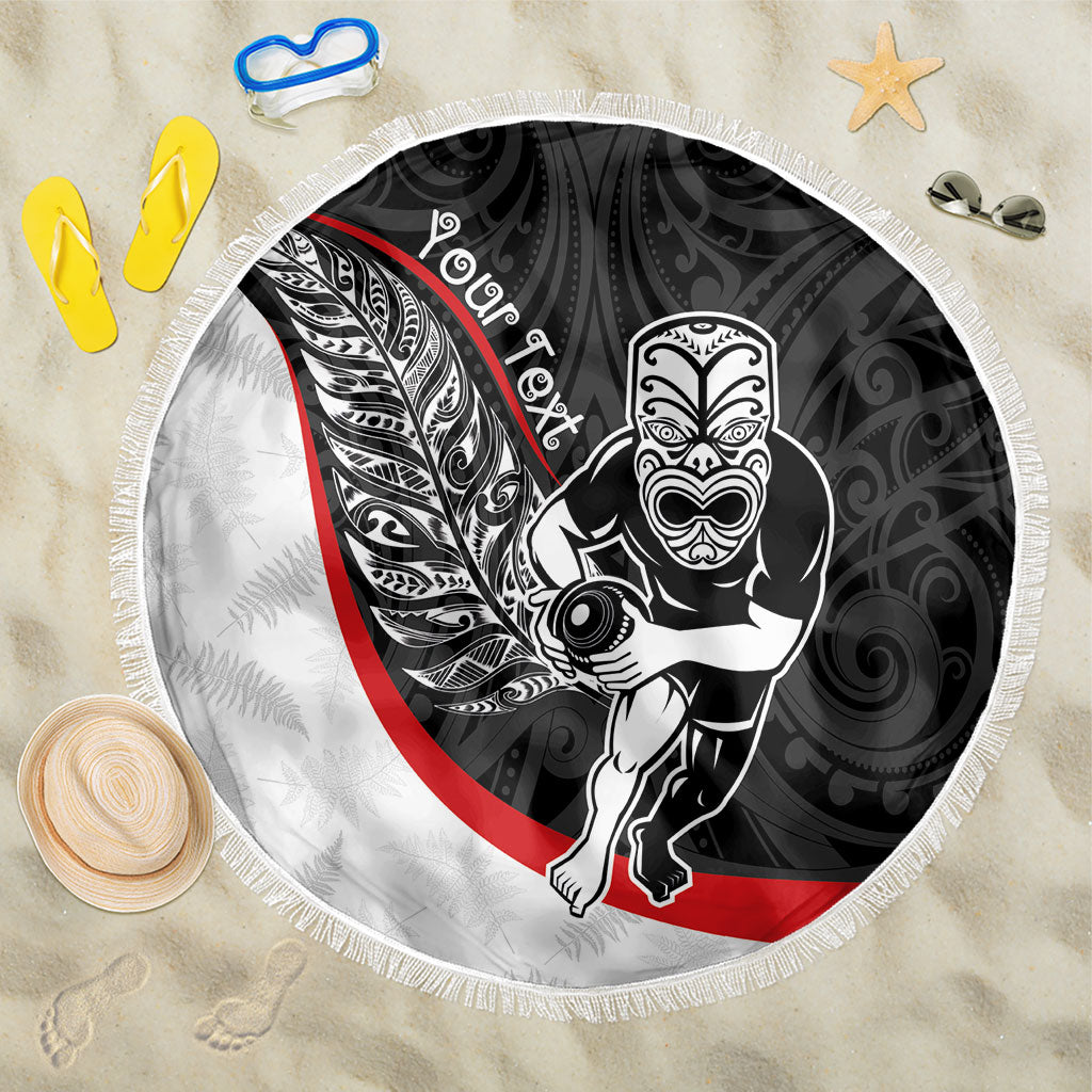 Personalised Aotearoa Lawn Bowls Beach Blanket Maori Warrior and Silver Fern Sporty Style LT03 One Size 150cm Black - Polynesian Pride