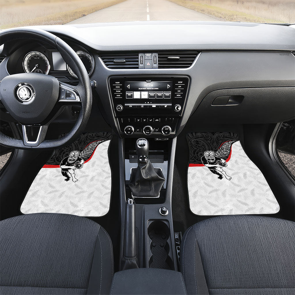 Aotearoa Lawn Bowls Car Mats Maori Warrior and Silver Fern Sporty Style LT03 Set 2pcs - Front Black - Polynesian Pride