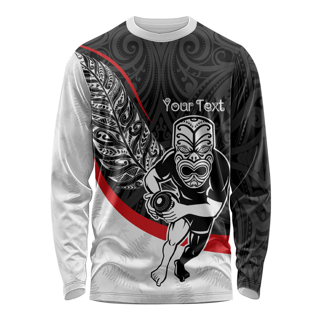 Personalised Aotearoa Lawn Bowls Long Sleeve Shirt Maori Warrior and Silver Fern Sporty Style LT03 Unisex Black - Polynesian Pride