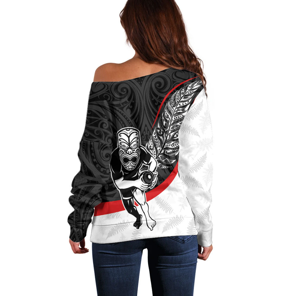 Personalised Aotearoa Lawn Bowls Off Shoulder Sweater Maori Warrior and Silver Fern Sporty Style LT03 - Polynesian Pride