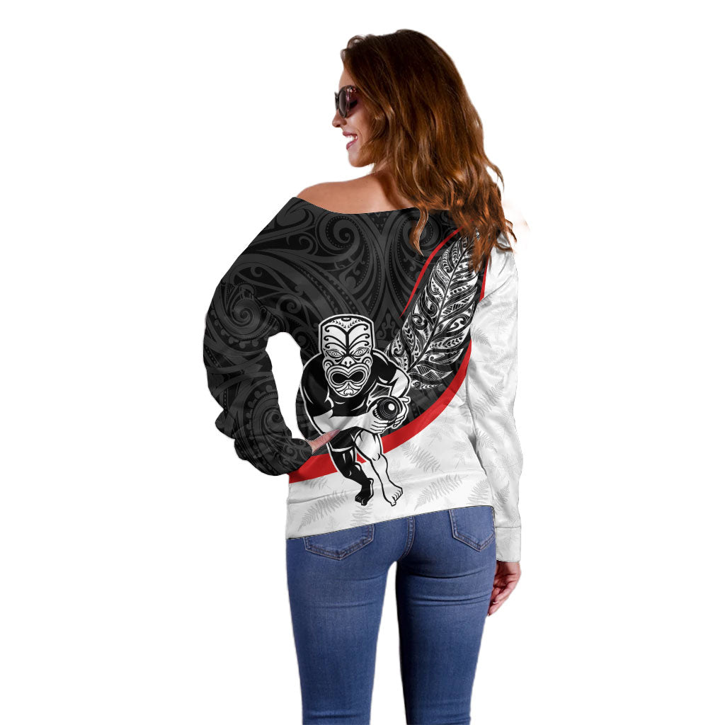 Personalised Aotearoa Lawn Bowls Off Shoulder Sweater Maori Warrior and Silver Fern Sporty Style LT03 - Polynesian Pride