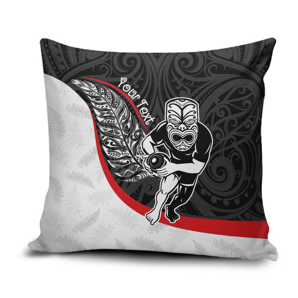 Personalised Aotearoa Lawn Bowls Pillow Cover Maori Warrior and Silver Fern Sporty Style LT03 Black - Polynesian Pride