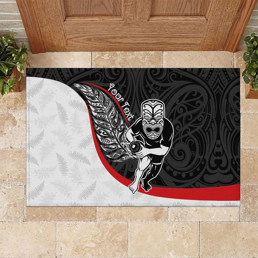 Personalised Aotearoa Lawn Bowls Rubber Doormat Maori Warrior and Silver Fern Sporty Style LT03 Black - Polynesian Pride