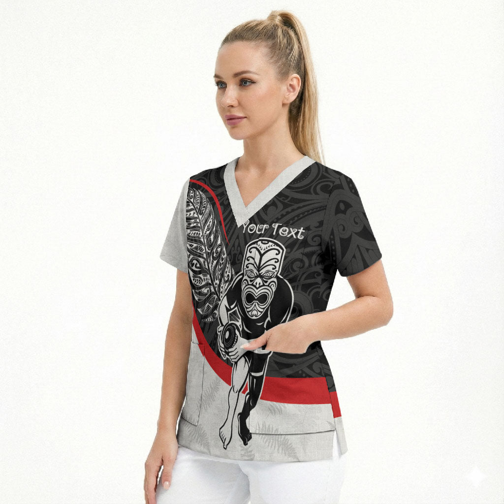 Personalised Aotearoa Lawn Bowls Scrub Top Maori Warrior and Silver Fern Sporty Style LT03 - Polynesian Pride