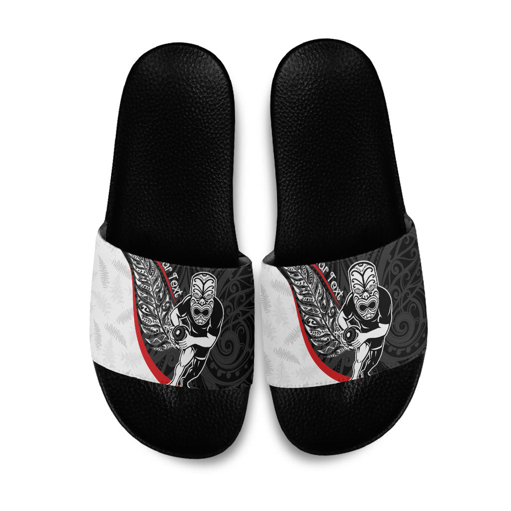 Personalised Aotearoa Lawn Bowls Slide Sandals Maori Warrior and Silver Fern Sporty Style LT03 Black - Polynesian Pride
