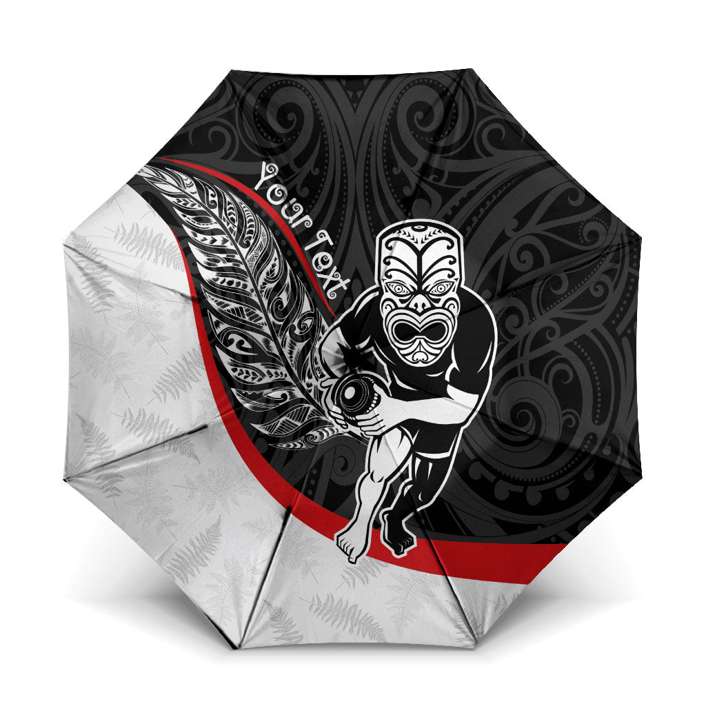 Personalised Aotearoa Lawn Bowls Umbrella Maori Warrior and Silver Fern Sporty Style LT03 One Size Folded 11.42 inch Opened Diameter 37.4 inch Black - Polynesian Pride