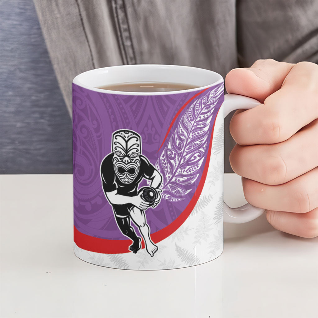 Personalised Aotearoa Lawn Bowls Ceramic Mug Maori Warrior and Silver Fern Sporty Style Purple LT03 - Polynesian Pride