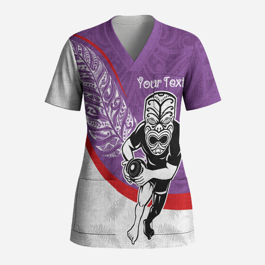 Personalised Aotearoa Lawn Bowls Scrub Top Maori Warrior and Silver Fern Sporty Style Purple LT03 Adult Purple - Polynesian Pride