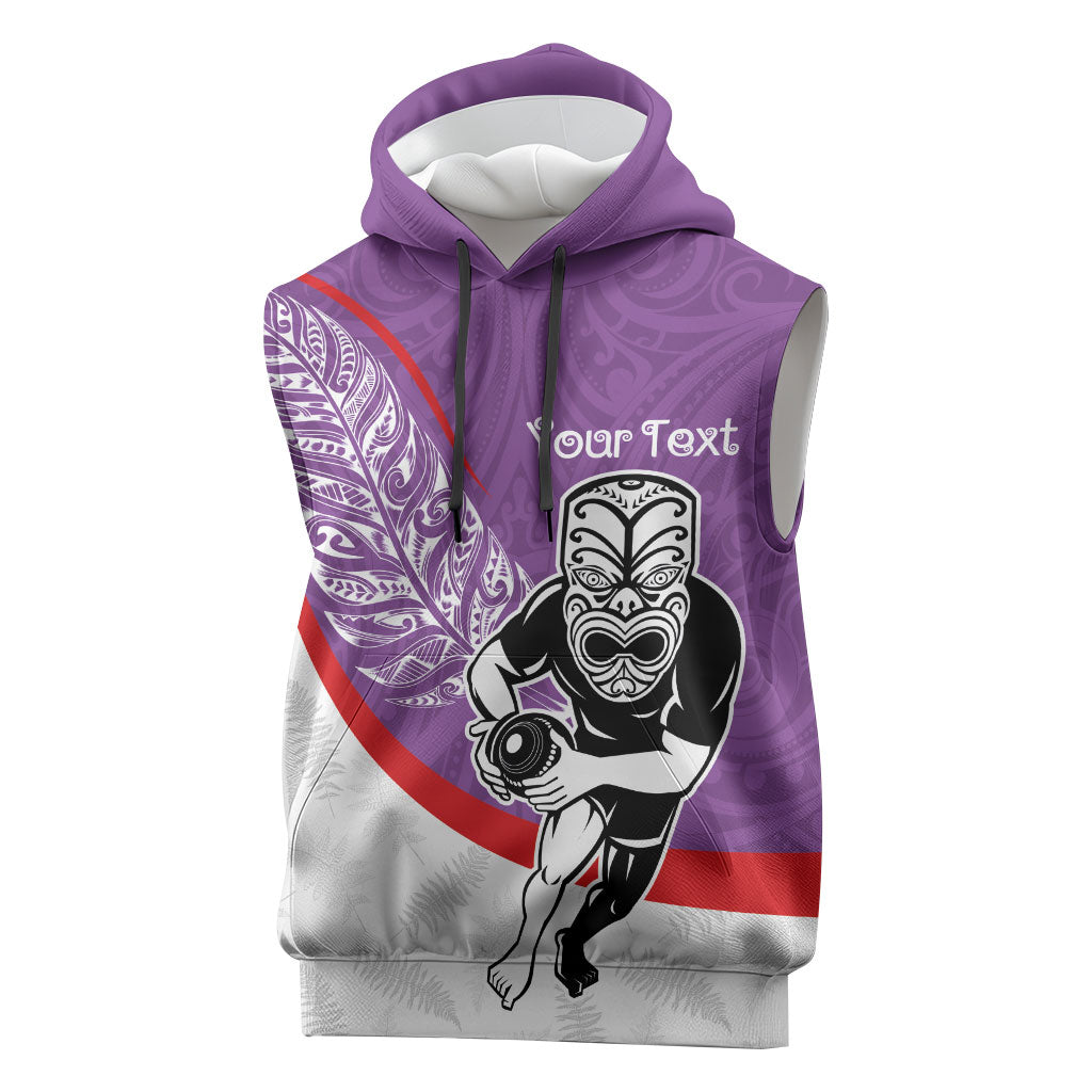Personalised Aotearoa Lawn Bowls Sleeveless Hoodie Maori Warrior and Silver Fern Sporty Style Purple LT03 Purple - Polynesian Pride