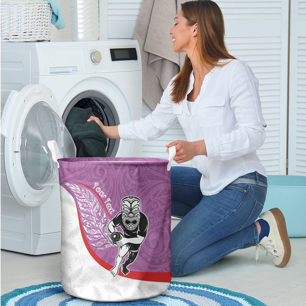 Personalised Aotearoa Lawn Bowls Laundry Basket Maori Warrior and Silver Fern Sporty Style Pink LT03 - Polynesian Pride
