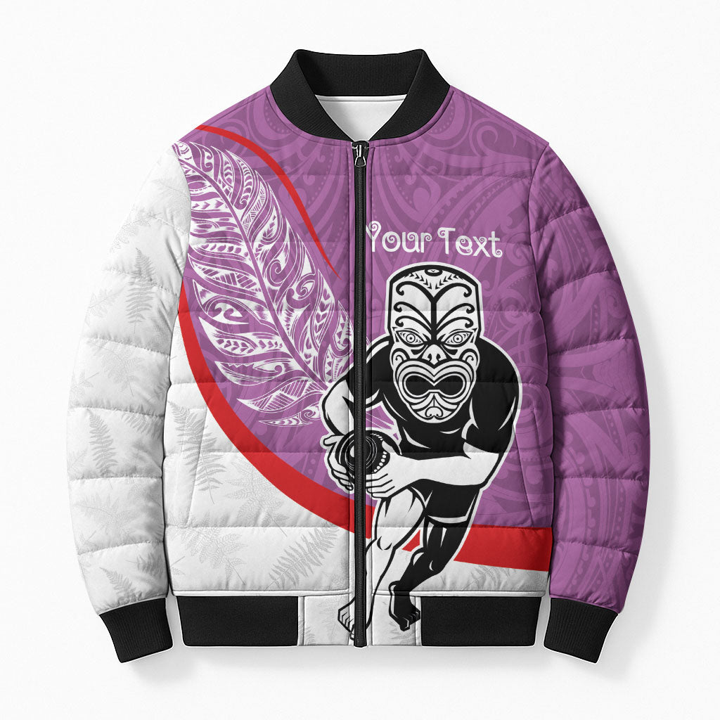 Personalised Aotearoa Lawn Bowls Bomber Puffer Jacket Maori Warrior and Silver Fern Sporty Style Pink LT03 Unisex Pink - Polynesian Pride