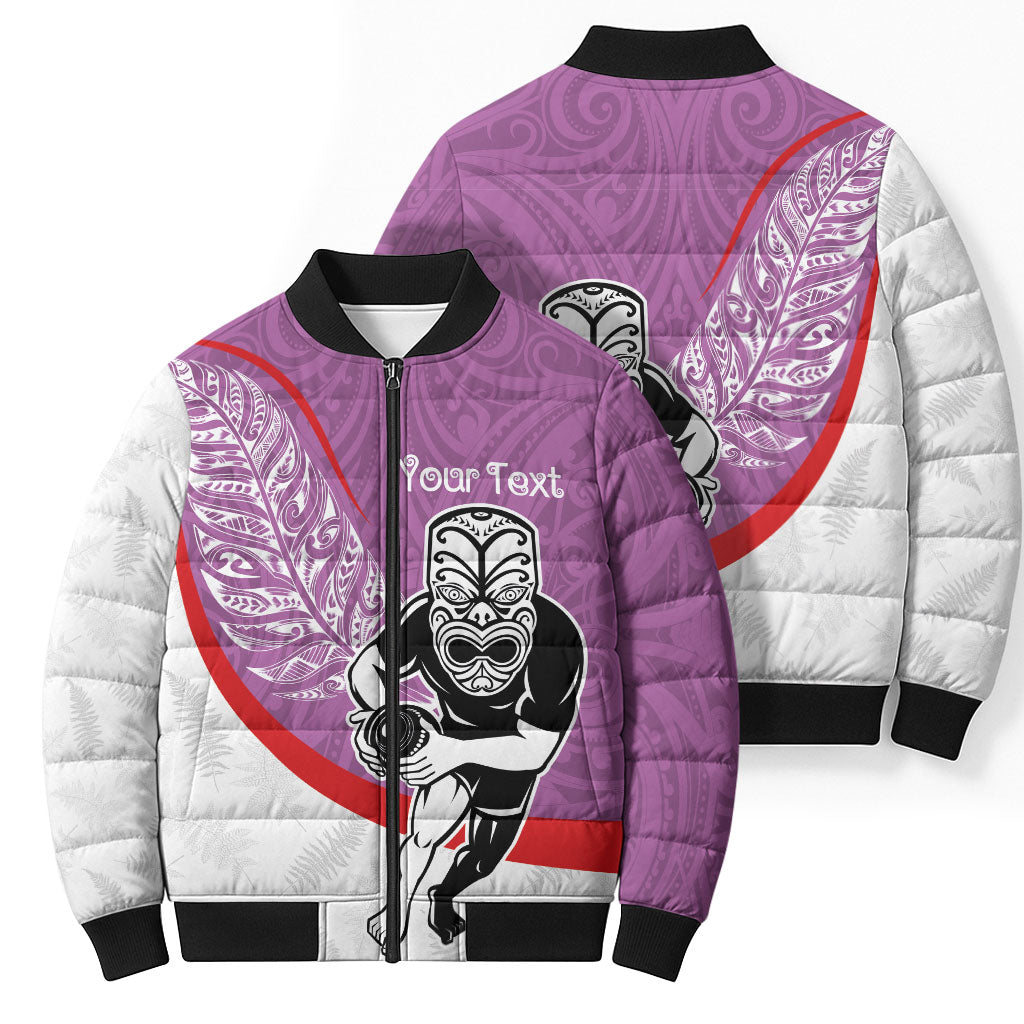 Personalised Aotearoa Lawn Bowls Bomber Puffer Jacket Maori Warrior and Silver Fern Sporty Style Pink LT03 - Polynesian Pride