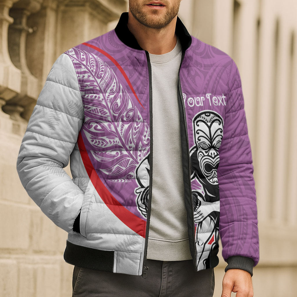 Personalised Aotearoa Lawn Bowls Bomber Puffer Jacket Maori Warrior and Silver Fern Sporty Style Pink LT03 - Polynesian Pride