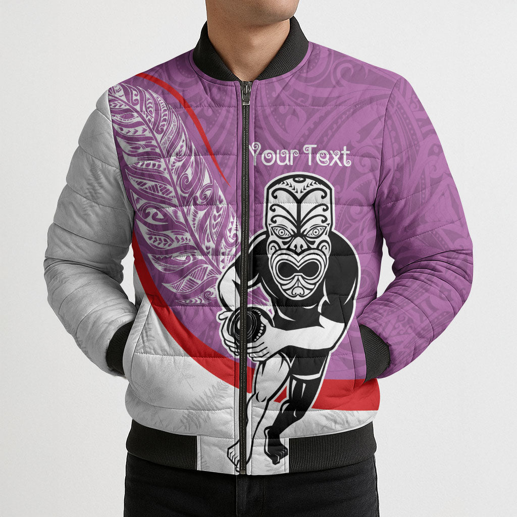 Personalised Aotearoa Lawn Bowls Bomber Puffer Jacket Maori Warrior and Silver Fern Sporty Style Pink LT03 - Polynesian Pride