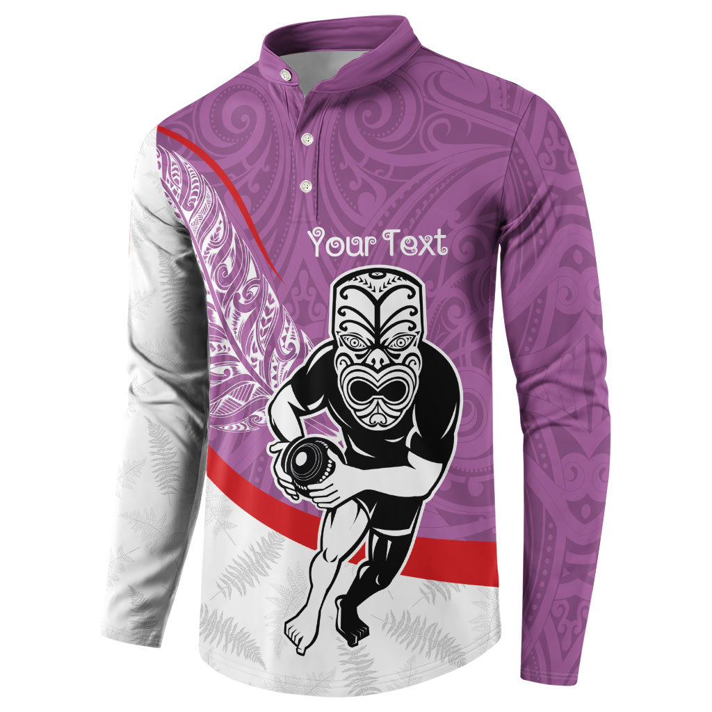 Personalised Aotearoa Lawn Bowls Button Sweatshirt Maori Warrior and Silver Fern Sporty Style Pink LT03 - Polynesian Pride