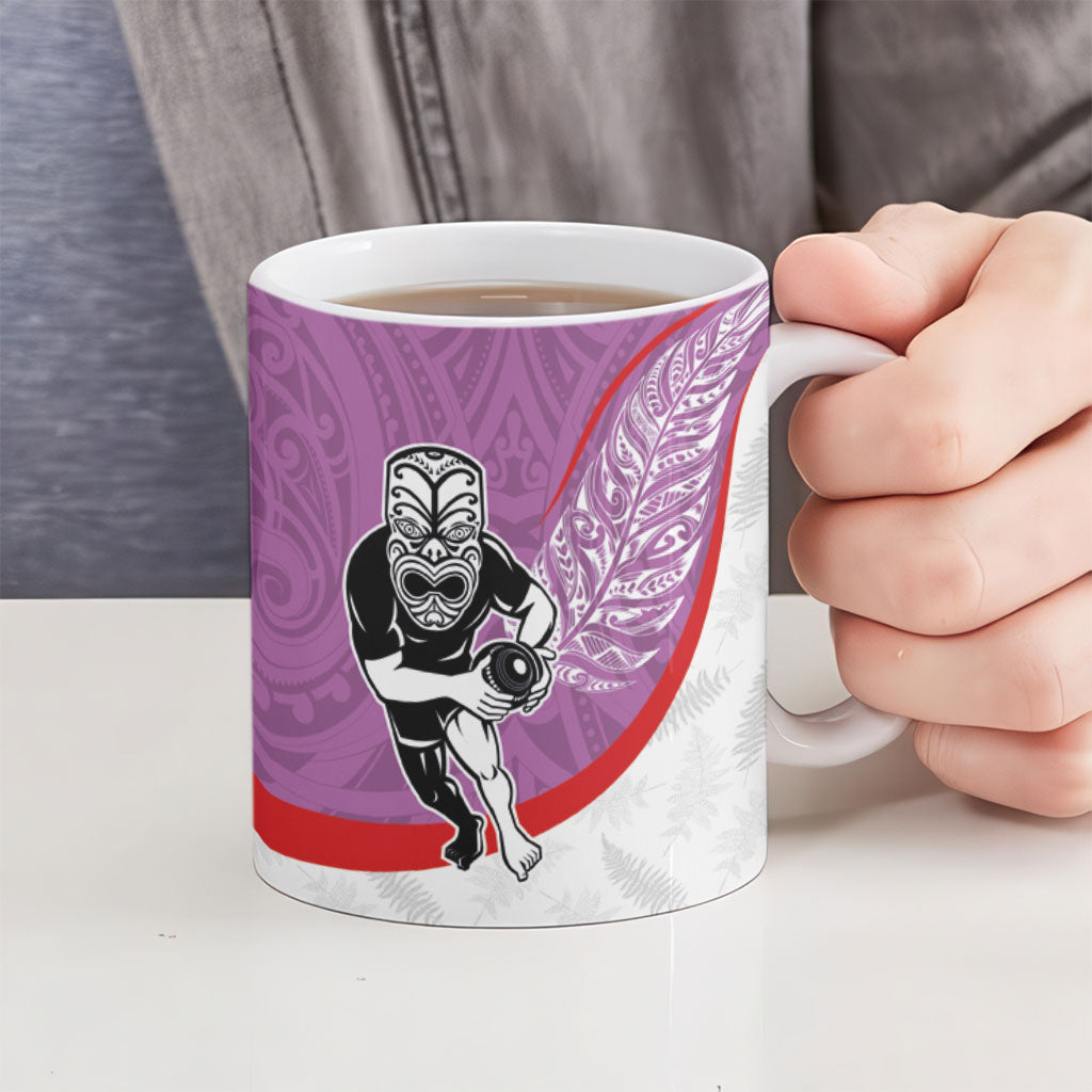 Personalised Aotearoa Lawn Bowls Ceramic Mug Maori Warrior and Silver Fern Sporty Style Pink LT03 - Polynesian Pride