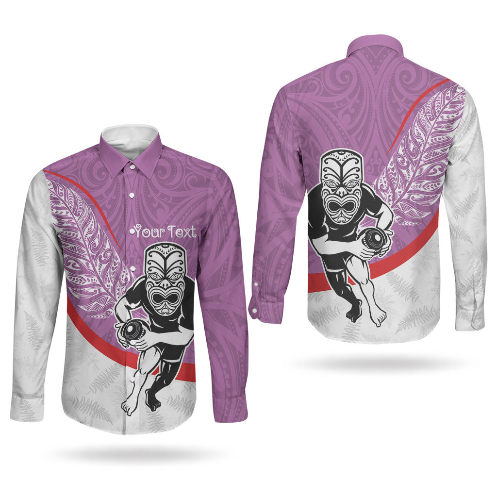 Personalised Aotearoa Lawn Bowls Couples Matching Mermaid Dress and Long Sleeve Button Shirt Maori Warrior and Silver Fern Sporty Style Pink LT03 - Polynesian Pride