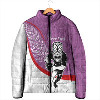 Personalised Aotearoa Lawn Bowls Padded Jacket Maori Warrior and Silver Fern Sporty Style Pink LT03 - Polynesian Pride