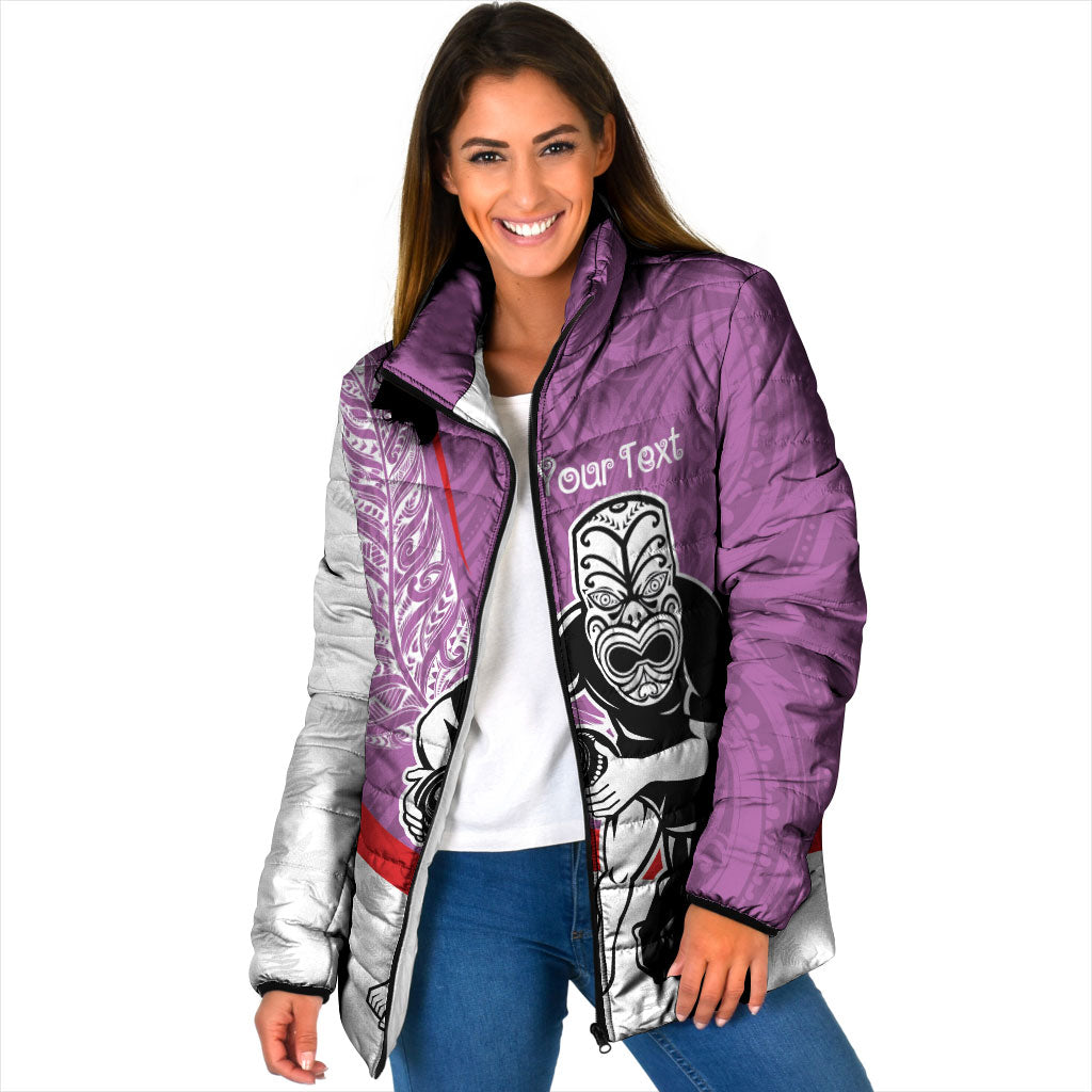 Personalised Aotearoa Lawn Bowls Padded Jacket Maori Warrior and Silver Fern Sporty Style Pink LT03 Women Pink - Polynesian Pride