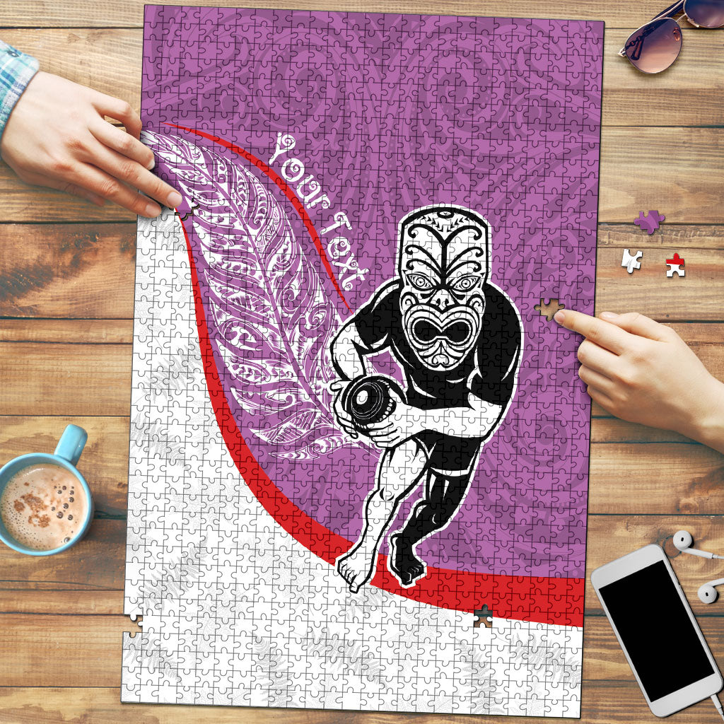 Personalised Aotearoa Lawn Bowls Puzzle Maori Warrior and Silver Fern Sporty Style Pink LT03 Pink - Polynesian Pride