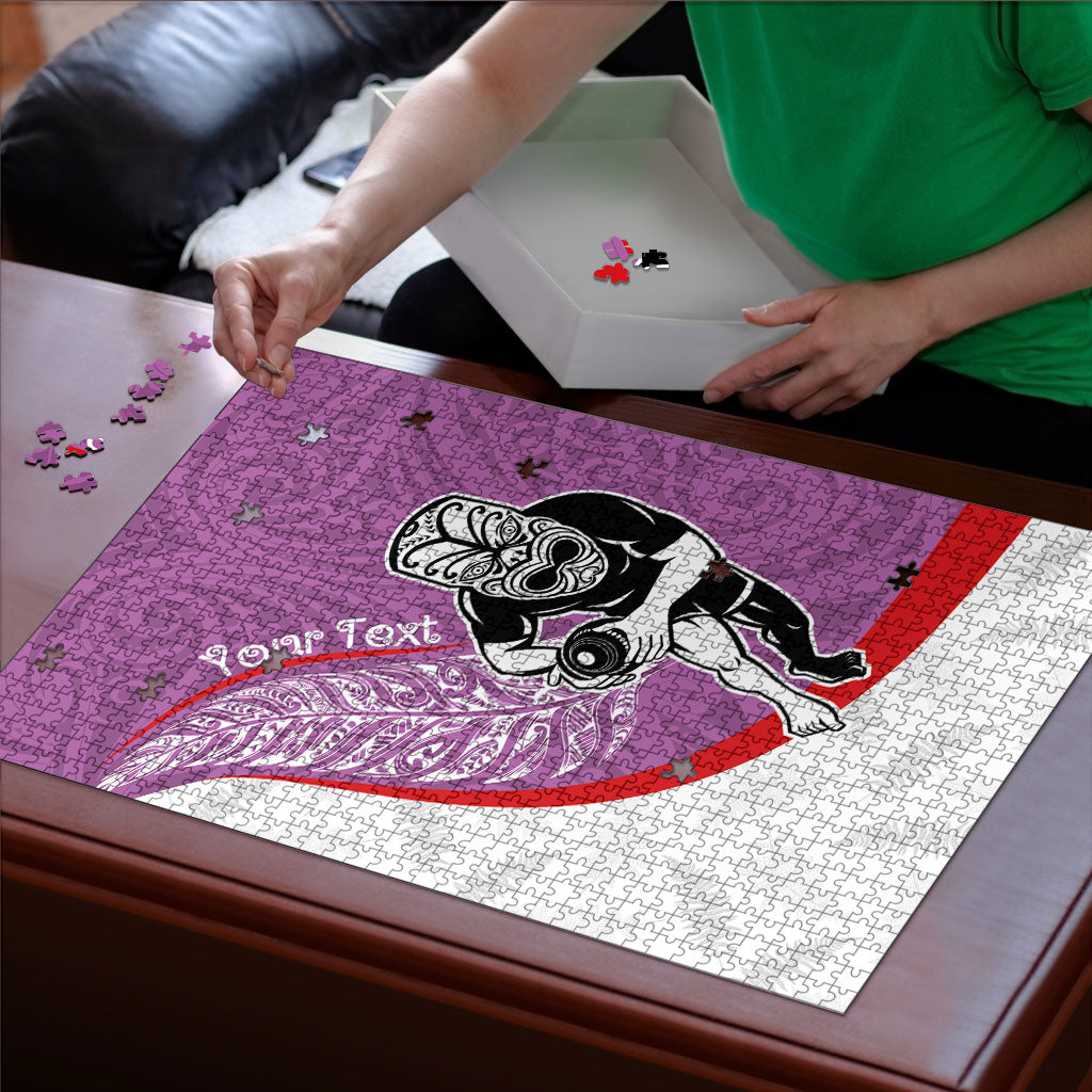 Personalised Aotearoa Lawn Bowls Puzzle Maori Warrior and Silver Fern Sporty Style Pink LT03 - Polynesian Pride