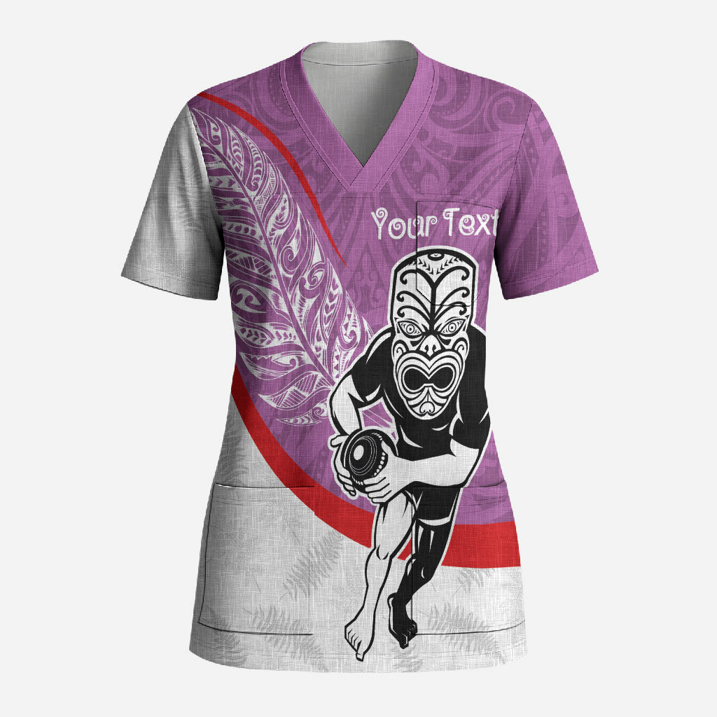 Personalised Aotearoa Lawn Bowls Scrub Top Maori Warrior and Silver Fern Sporty Style Pink LT03 Adult Pink - Polynesian Pride
