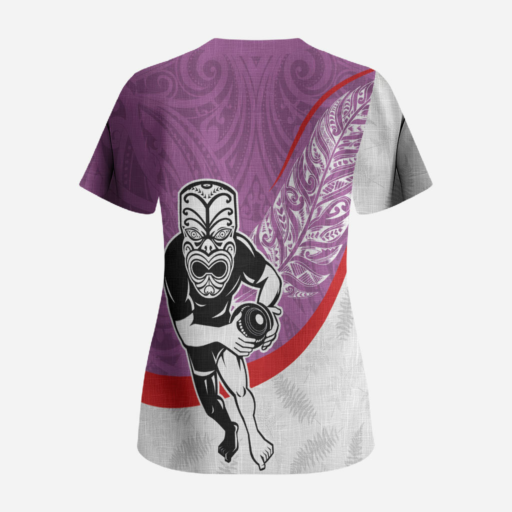Personalised Aotearoa Lawn Bowls Scrub Top Maori Warrior and Silver Fern Sporty Style Pink LT03 - Polynesian Pride