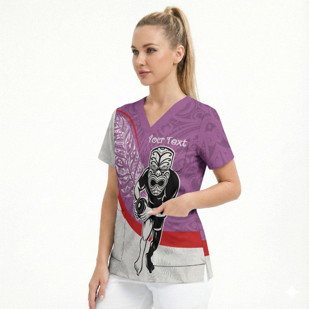 Personalised Aotearoa Lawn Bowls Scrub Top Maori Warrior and Silver Fern Sporty Style Pink LT03 - Polynesian Pride
