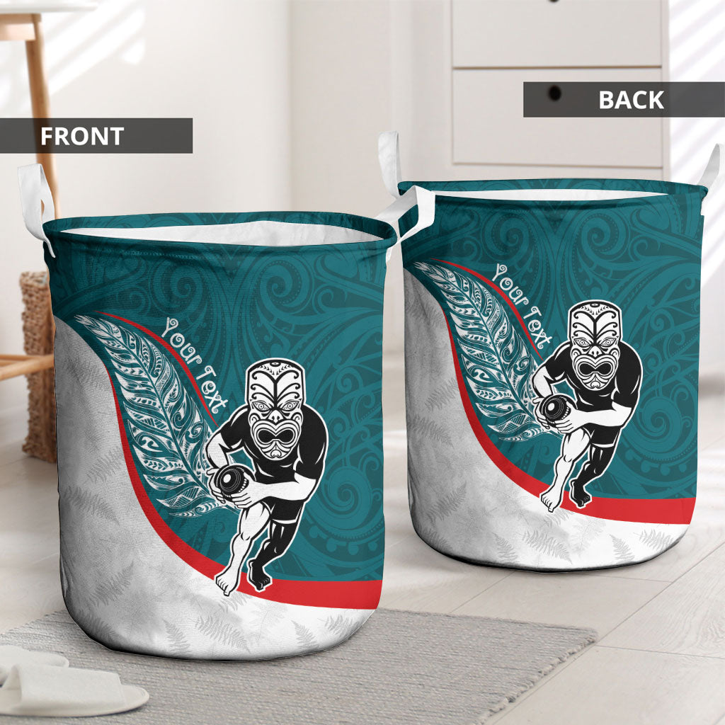 Personalised Aotearoa Lawn Bowls Laundry Basket Maori Warrior and Silver Fern Sporty Style Teal LT03 - Polynesian Pride