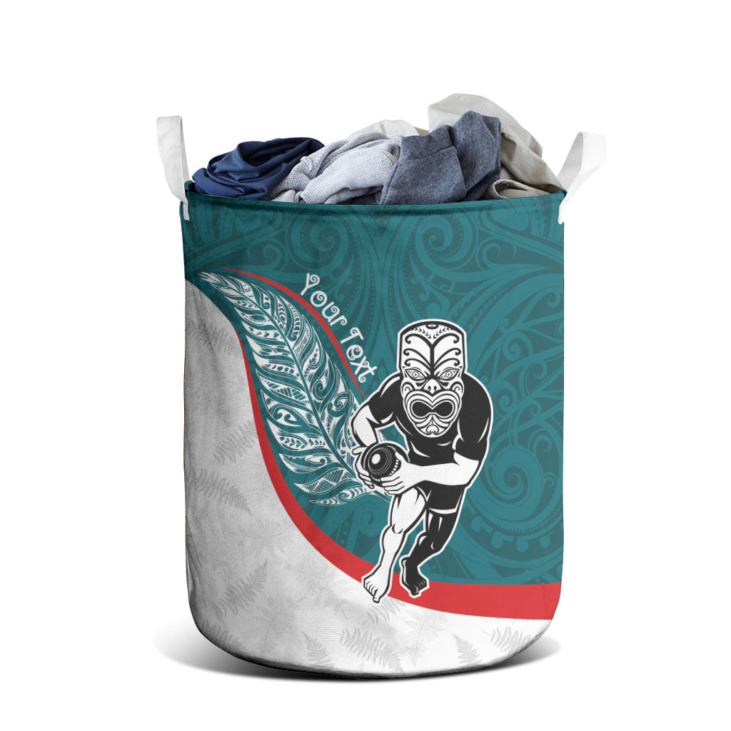 Personalised Aotearoa Lawn Bowls Laundry Basket Maori Warrior and Silver Fern Sporty Style Teal LT03 - Polynesian Pride