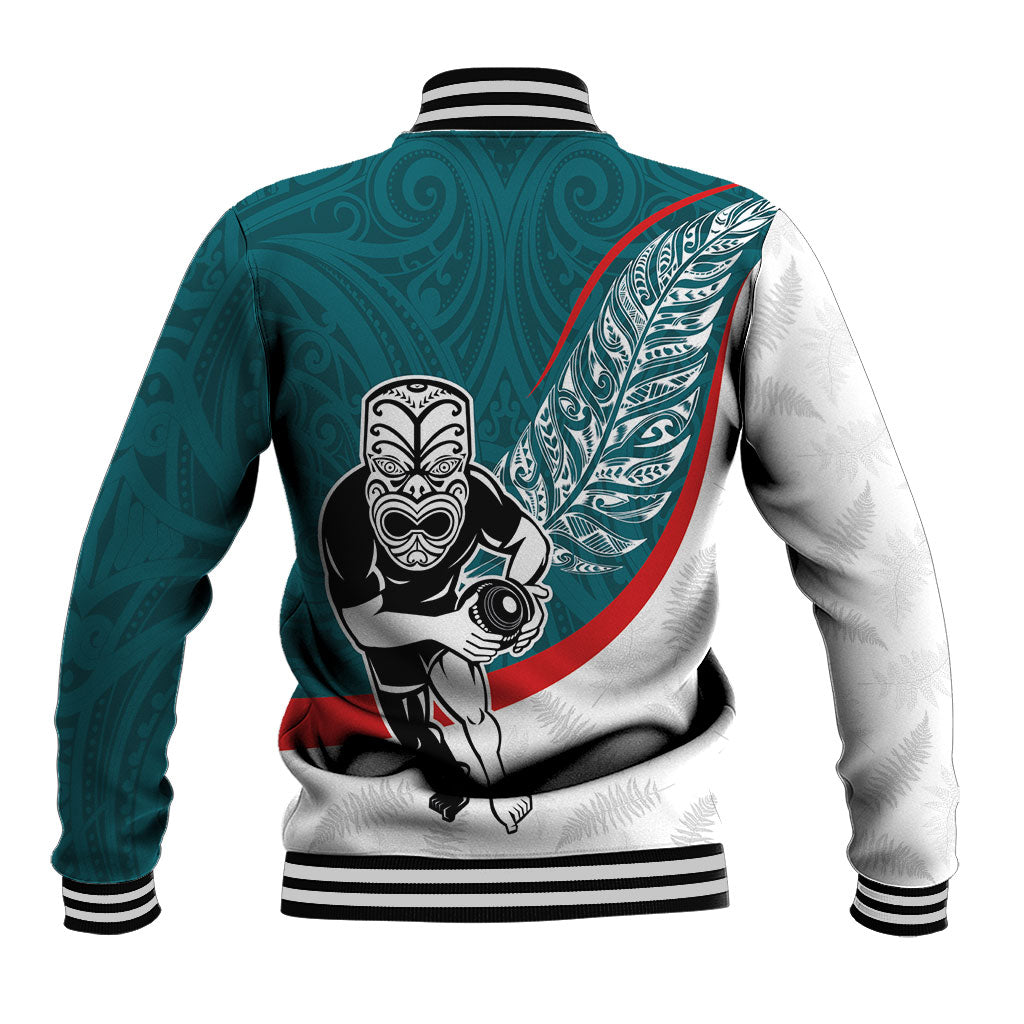 Personalised Aotearoa Lawn Bowls Baseball Jacket Maori Warrior and Silver Fern Sporty Style Teal LT03 - Polynesian Pride
