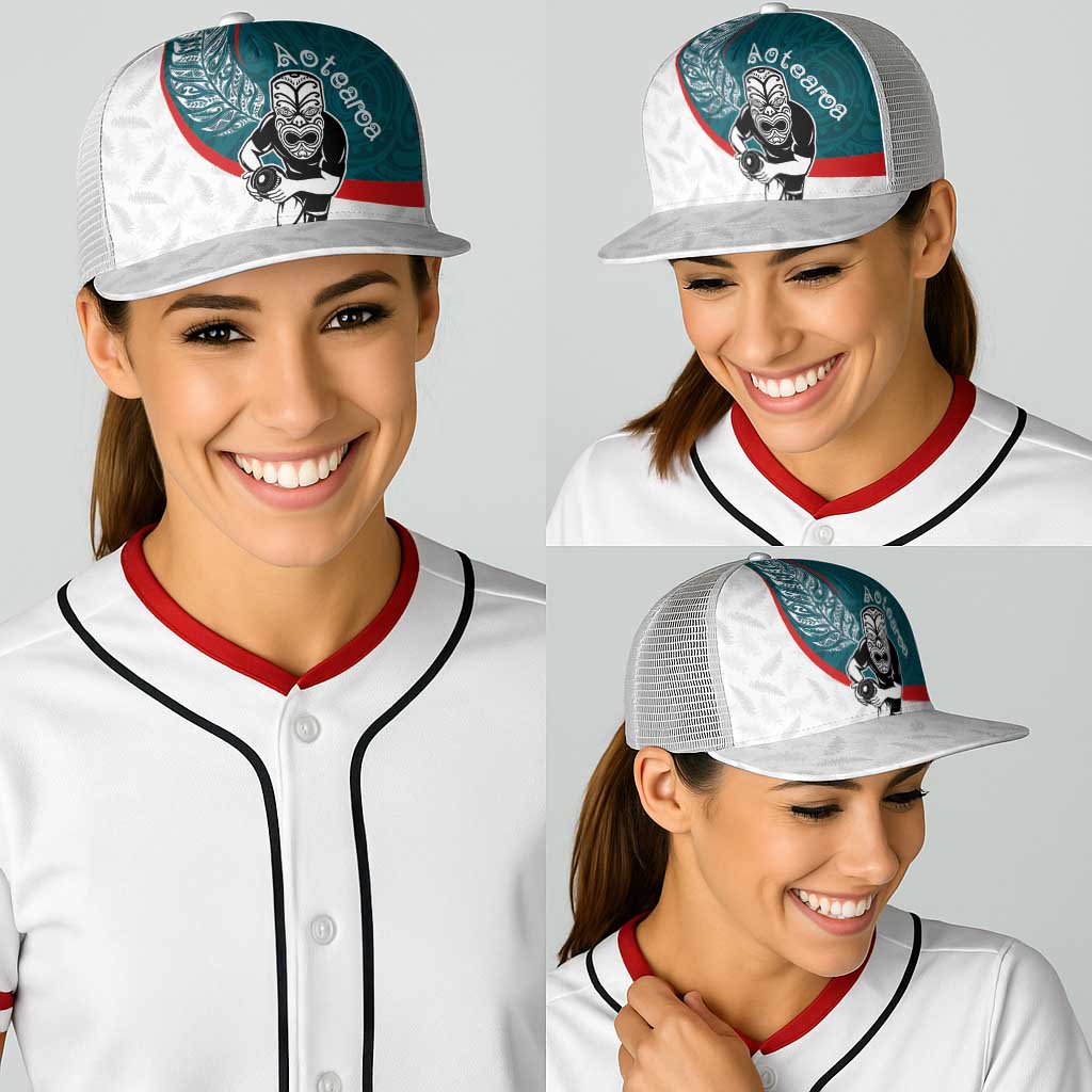 Aotearoa Lawn Bowls Baseball Net Cap Maori Warrior and Silver Fern Sporty Style Teal LT03 - Polynesian Pride
