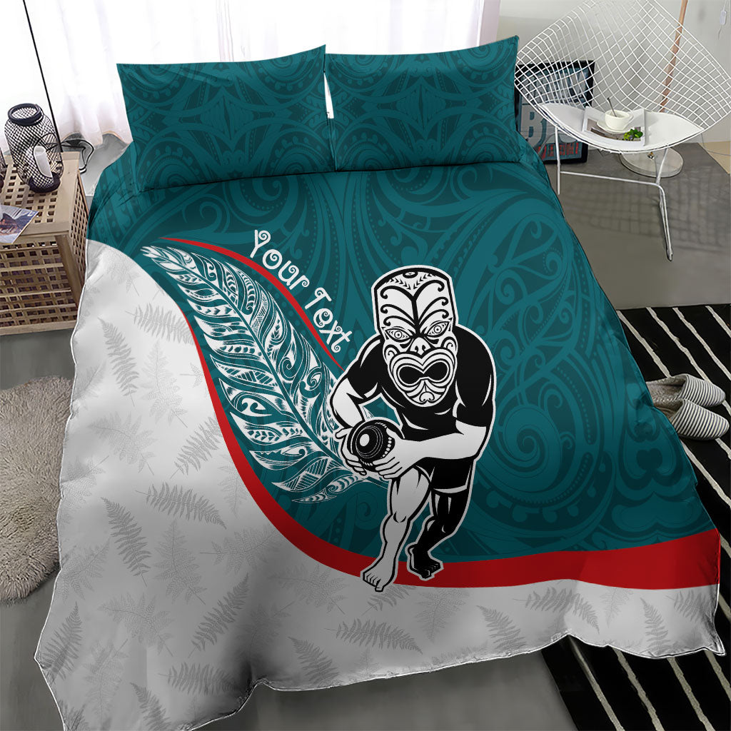 Personalised Aotearoa Lawn Bowls Bedding Set Maori Warrior and Silver Fern Sporty Style Teal LT03 - Polynesian Pride
