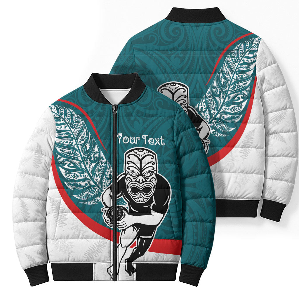 Personalised Aotearoa Lawn Bowls Bomber Puffer Jacket Maori Warrior and Silver Fern Sporty Style Teal LT03 - Polynesian Pride
