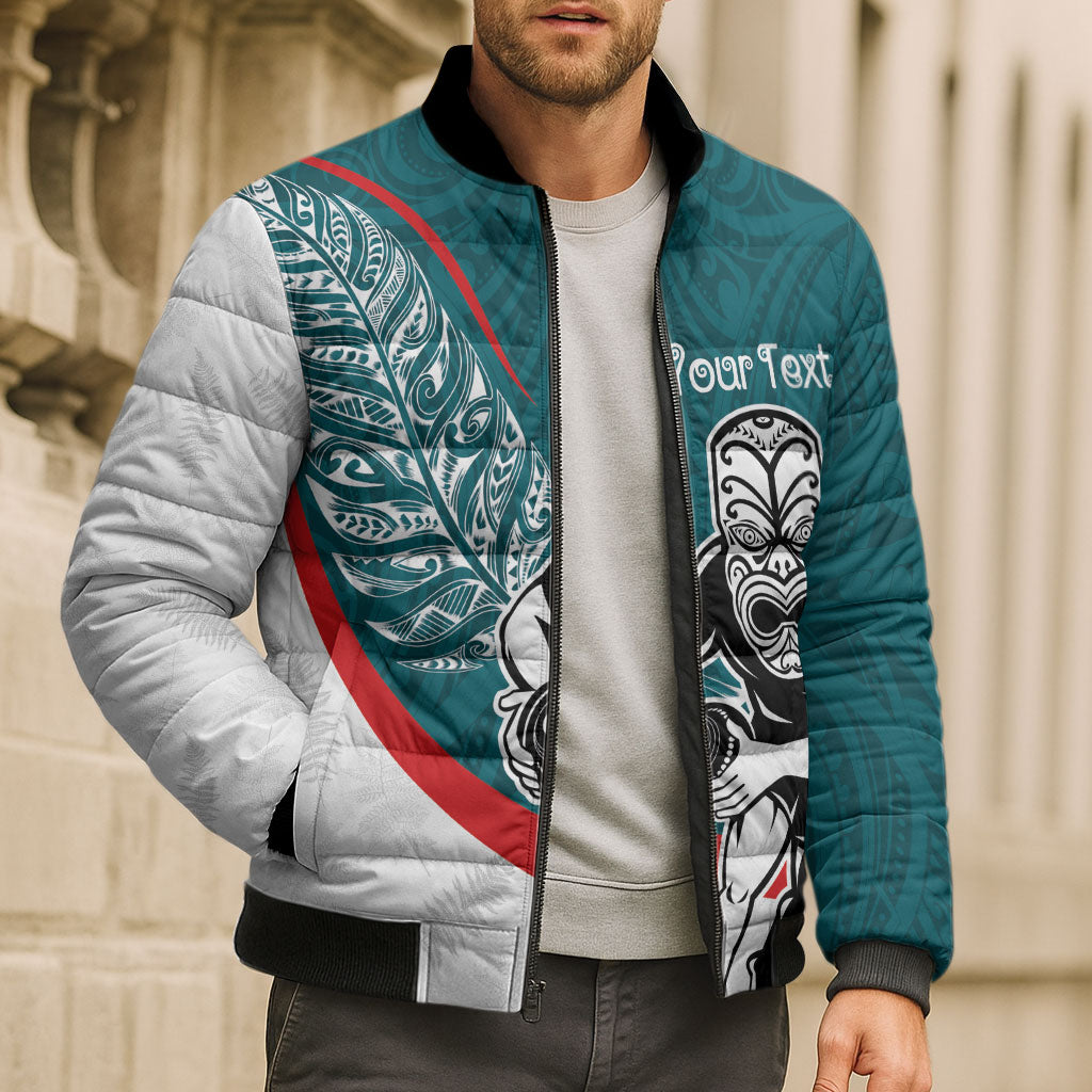 Personalised Aotearoa Lawn Bowls Bomber Puffer Jacket Maori Warrior and Silver Fern Sporty Style Teal LT03 - Polynesian Pride