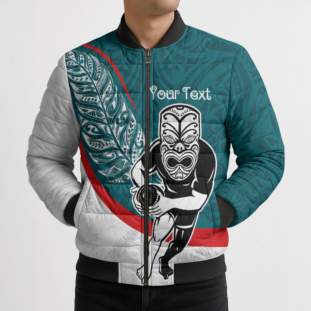 Personalised Aotearoa Lawn Bowls Bomber Puffer Jacket Maori Warrior and Silver Fern Sporty Style Teal LT03 - Polynesian Pride