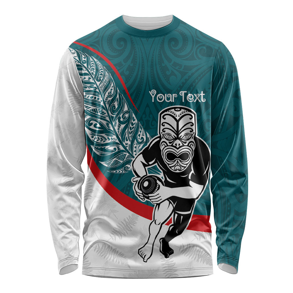Personalised Aotearoa Lawn Bowls Long Sleeve Shirt Maori Warrior and Silver Fern Sporty Style Teal LT03 Unisex Teal - Polynesian Pride