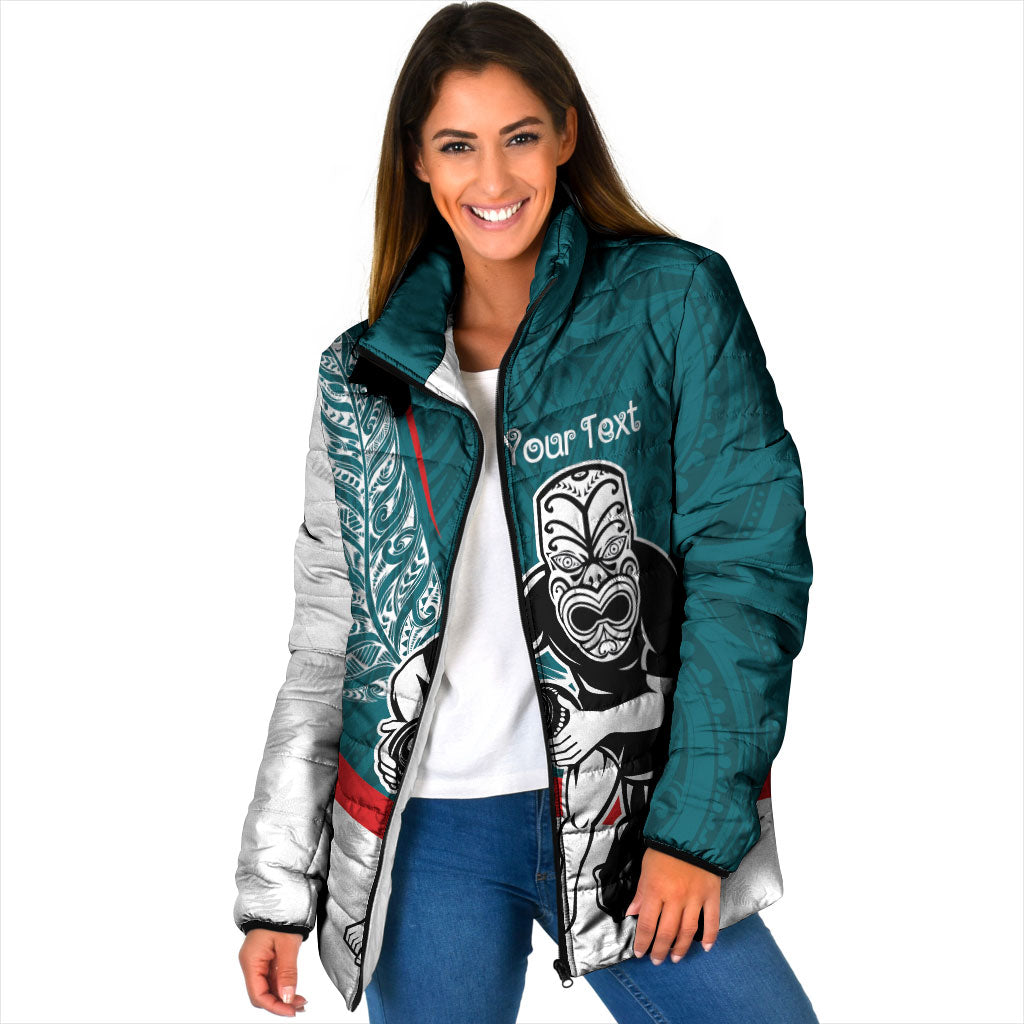 Personalised Aotearoa Lawn Bowls Padded Jacket Maori Warrior and Silver Fern Sporty Style Teal LT03 Women Teal - Polynesian Pride