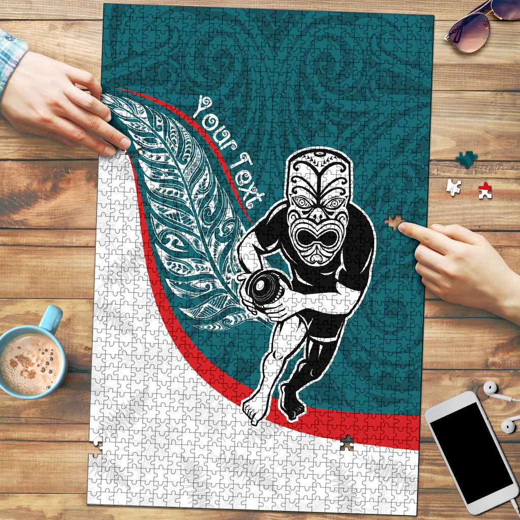 Personalised Aotearoa Lawn Bowls Puzzle Maori Warrior and Silver Fern Sporty Style Teal LT03 Teal - Polynesian Pride