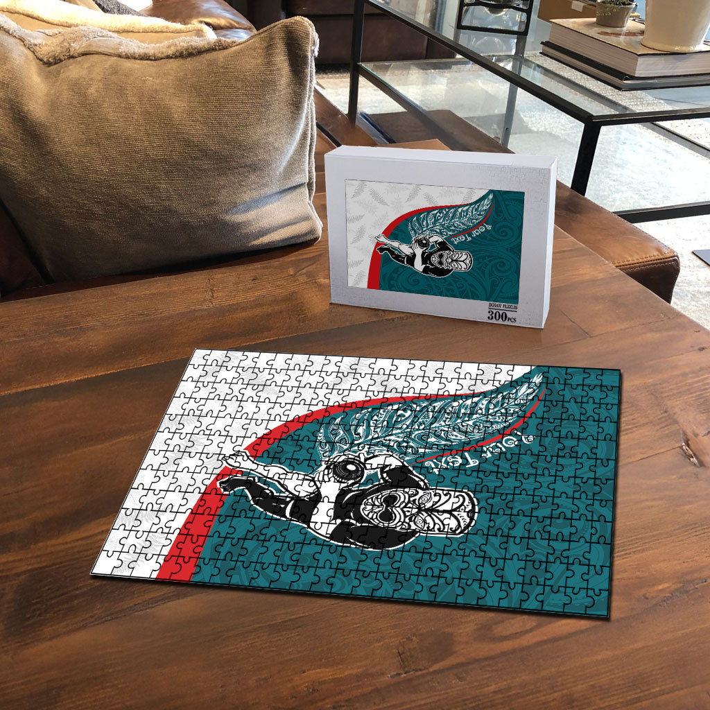 Personalised Aotearoa Lawn Bowls Puzzle Maori Warrior and Silver Fern Sporty Style Teal LT03 - Polynesian Pride