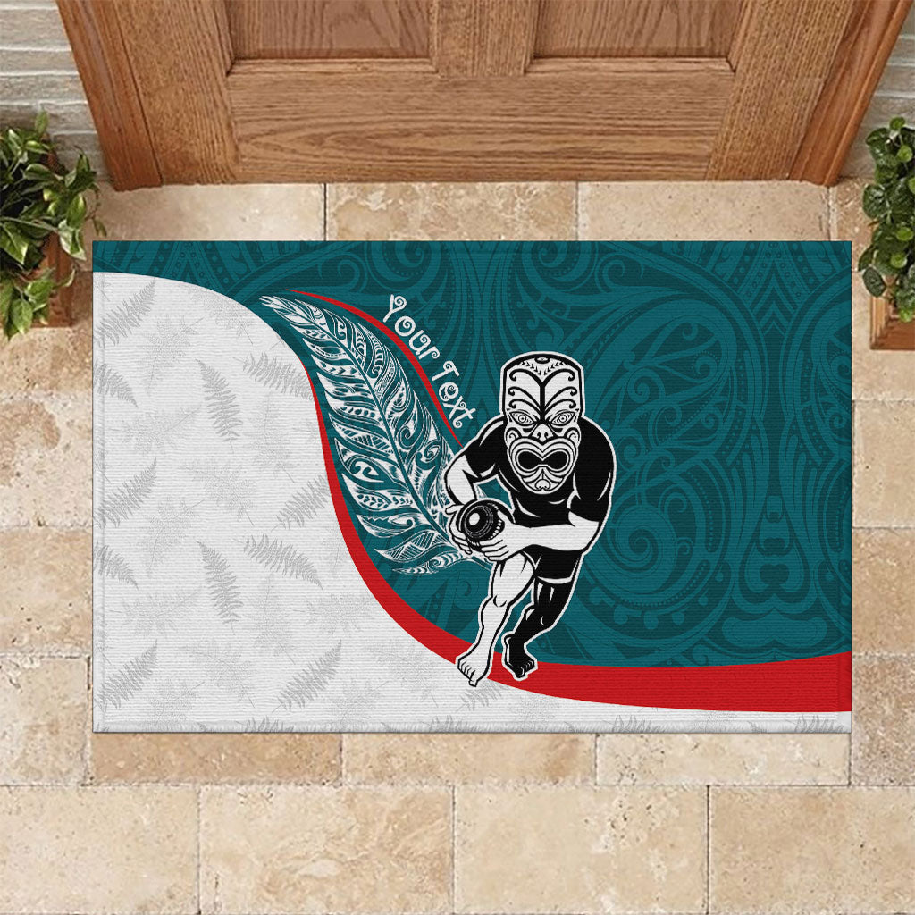 Personalised Aotearoa Lawn Bowls Rubber Doormat Maori Warrior and Silver Fern Sporty Style Teal LT03 Teal - Polynesian Pride
