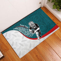 Personalised Aotearoa Lawn Bowls Rubber Doormat Maori Warrior and Silver Fern Sporty Style Teal LT03 - Polynesian Pride