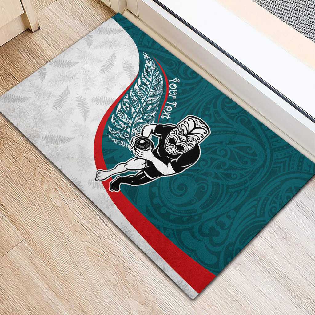 Personalised Aotearoa Lawn Bowls Rubber Doormat Maori Warrior and Silver Fern Sporty Style Teal LT03 - Polynesian Pride