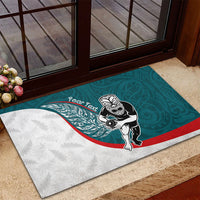 Personalised Aotearoa Lawn Bowls Rubber Doormat Maori Warrior and Silver Fern Sporty Style Teal LT03 - Polynesian Pride