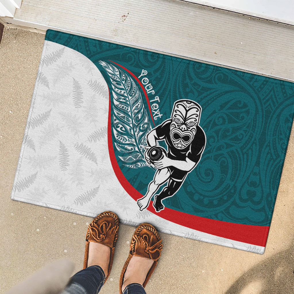 Personalised Aotearoa Lawn Bowls Rubber Doormat Maori Warrior and Silver Fern Sporty Style Teal LT03 - Polynesian Pride