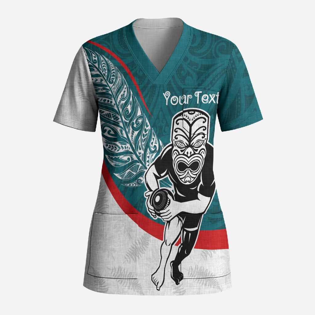 Personalised Aotearoa Lawn Bowls Scrub Top Maori Warrior and Silver Fern Sporty Style Teal LT03 Adult Teal - Polynesian Pride